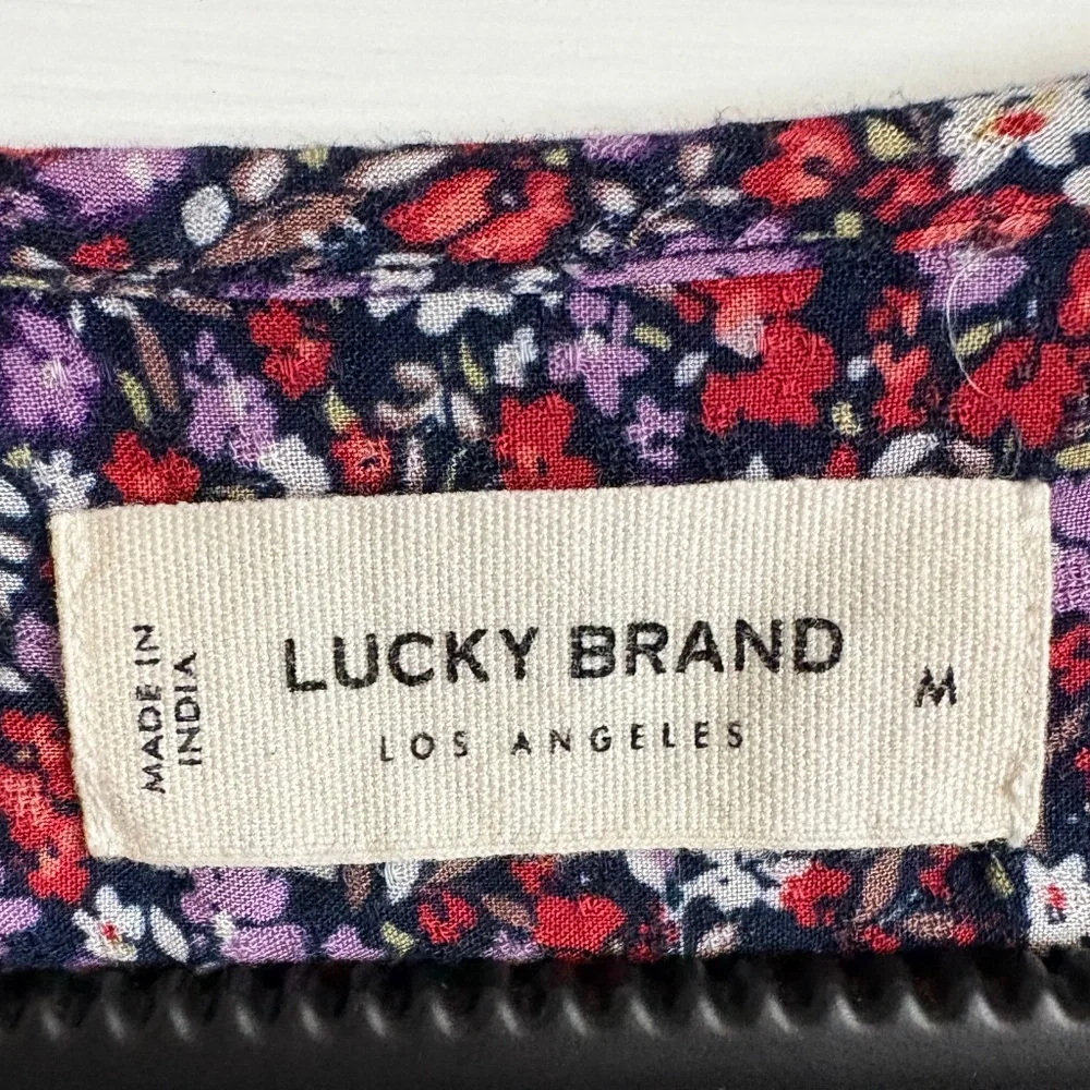 Lucky Brand Floral Pintuck Popover Blouse Pesant Top Button Down Front SZ M - Picture 7 of 10